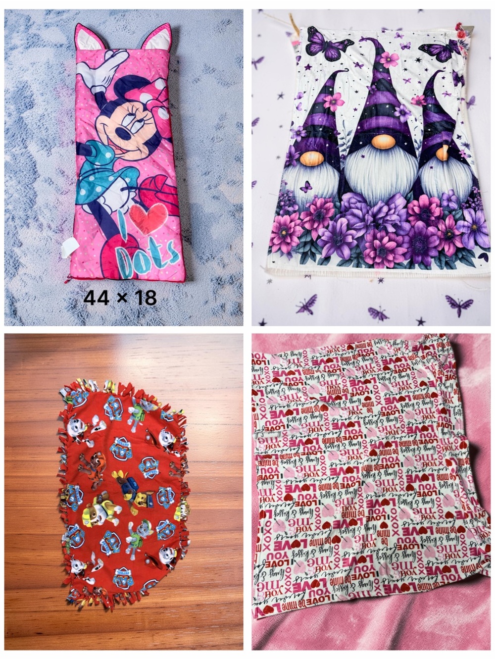 4 Assorted throw blankets and Sleeping Bag